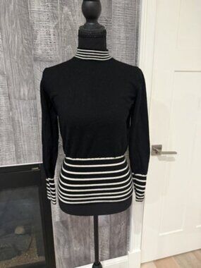 Milly Black Merino Wool Turtleneck Striped Trim Sweater S